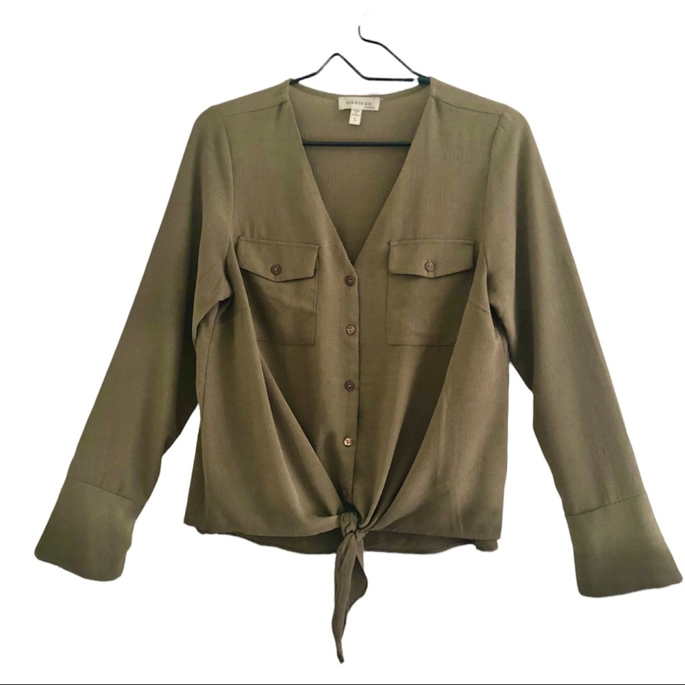 Olive army green v-neck tie front button down long sleeve shirt blouse